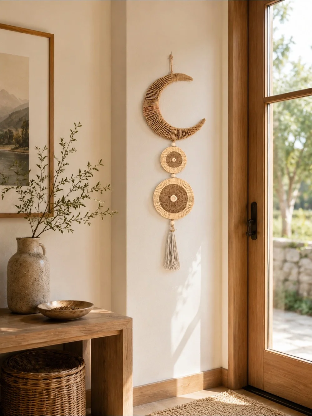 Natural Beige Crescent and Circle Wall Hanging - Boho Macrame Decor
